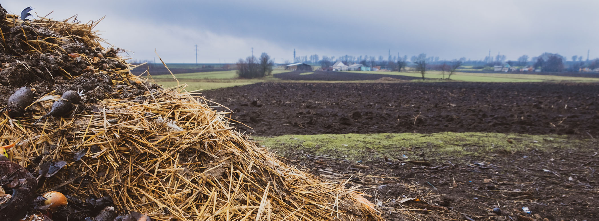 Compost pile near a tilled field under a cloudy sky