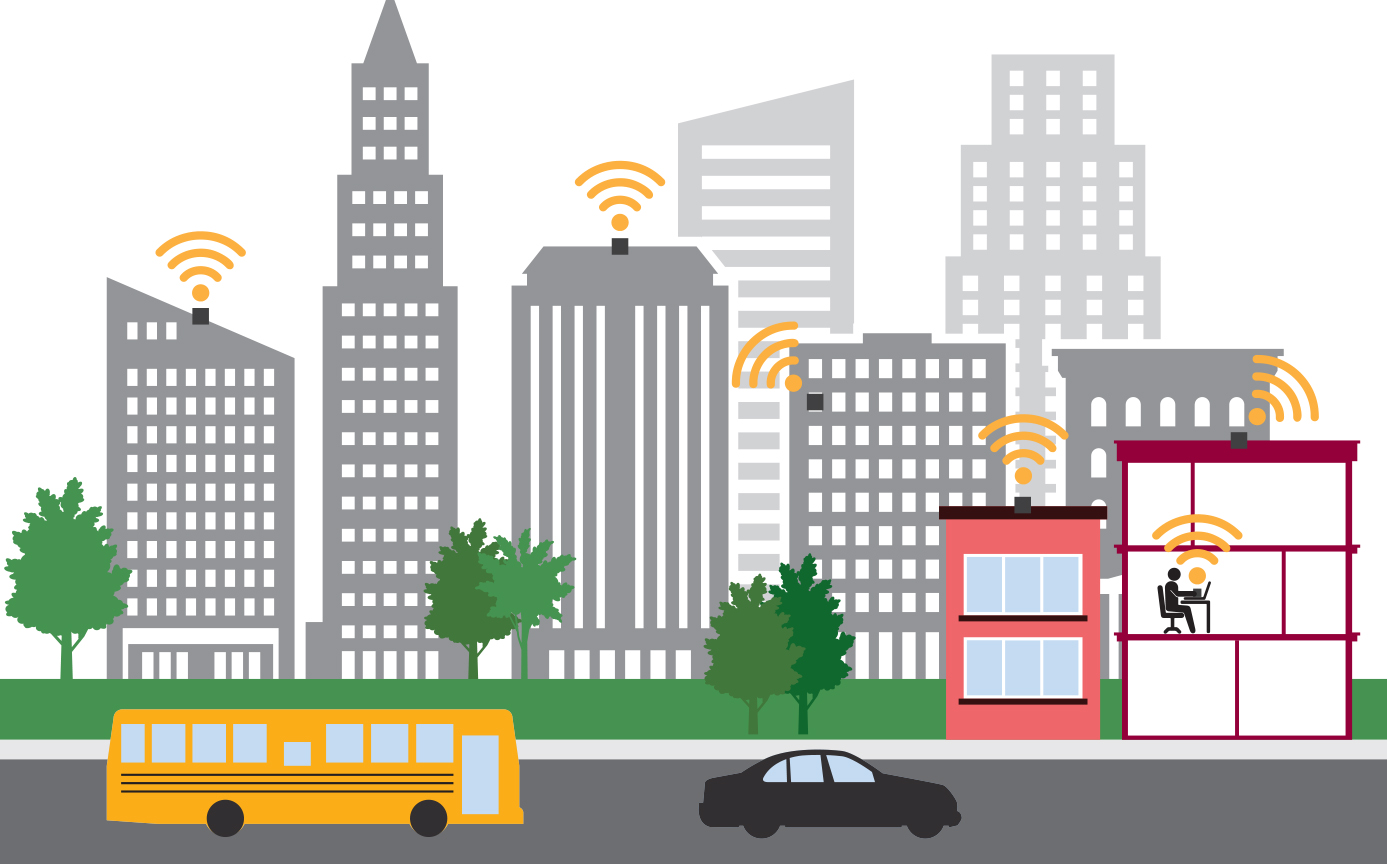 Illustration of urban area with buildings and cars depicting various low-cost sensor icons