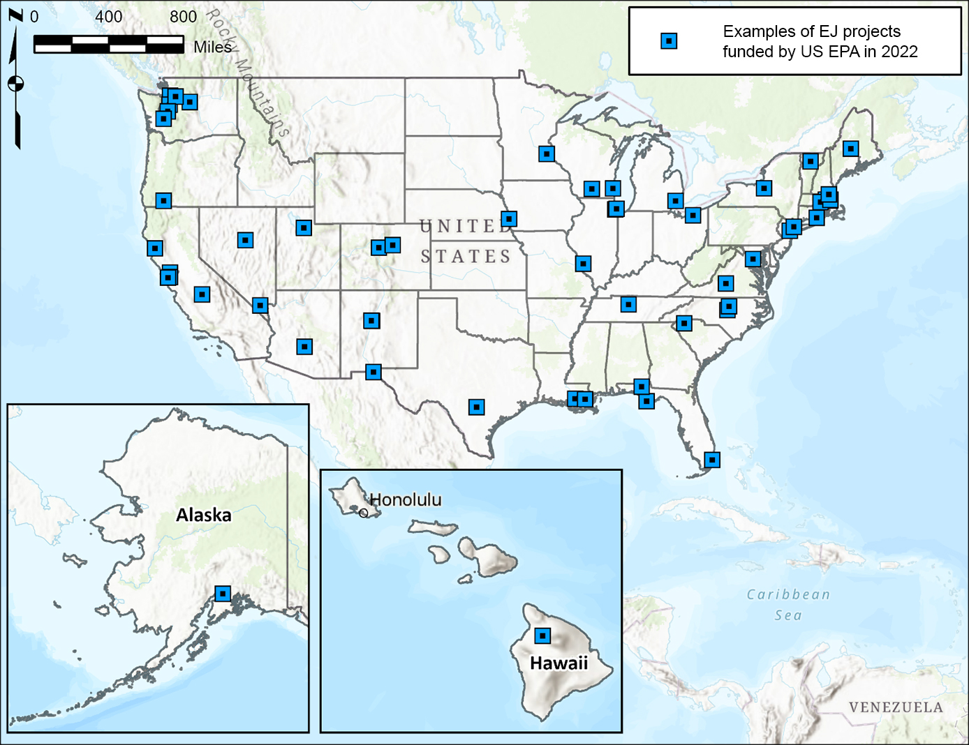 Map of US with blue squares indicating sites of EJ projects funded by US EPA in 2022